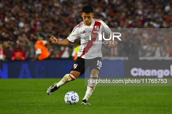 Claudio Echeverry of River Plate kicks the ball during a Liga Profesional 2024 match between River Plate and Barracas Central at Estadio Ant...