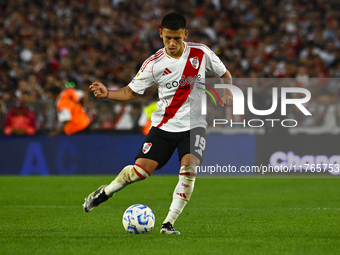 Claudio Echeverry of River Plate kicks the ball during a Liga Profesional 2024 match between River Plate and Barracas Central at Estadio Ant...