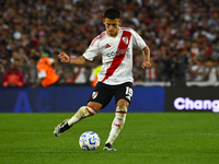 Claudio Echeverry of River Plate kicks the ball during a Liga Profesional 2024 match between River Plate and Barracas Central at Estadio Ant...