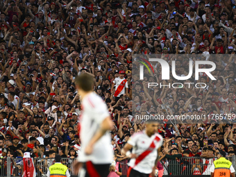 Fans of River Plate show their support for their team during a Liga Profesional 2024 match against Barracas Central at the Estadio Antonio V...