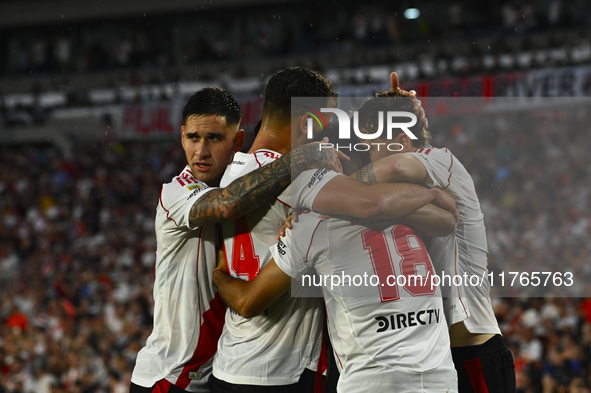 Rodrigo Villagra of River Plate celebrates after scoring the team's first goal during a Liga Profesional 2024 match between River Plate and...