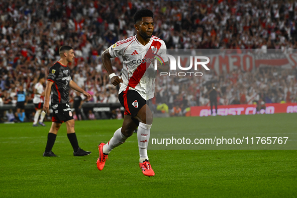 Miguel Borja of River Plate celebrates after scoring the team's second goal during a Liga Profesional 2024 match between River Plate and Bar...