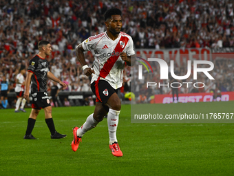 Miguel Borja of River Plate celebrates after scoring the team's second goal during a Liga Profesional 2024 match between River Plate and Bar...