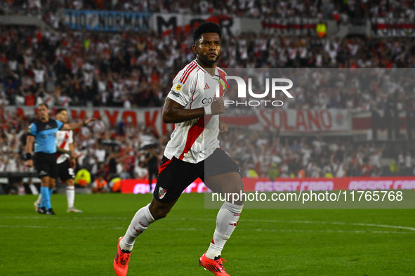 Miguel Borja of River Plate celebrates after scoring the team's second goal during a Liga Profesional 2024 match between River Plate and Bar...