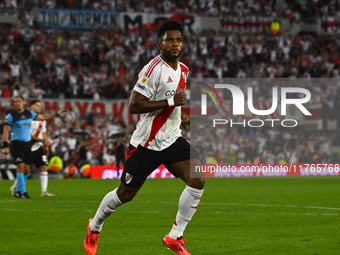 Miguel Borja of River Plate celebrates after scoring the team's second goal during a Liga Profesional 2024 match between River Plate and Bar...