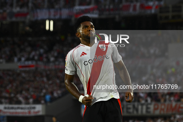 Miguel Borja of River Plate celebrates after scoring the team's second goal during a Liga Profesional 2024 match between River Plate and Bar...