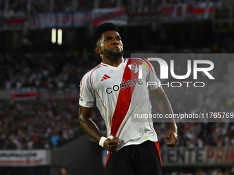 Miguel Borja of River Plate celebrates after scoring the team's second goal during a Liga Profesional 2024 match between River Plate and Bar...