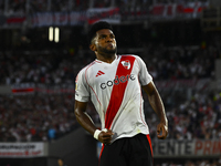 Miguel Borja of River Plate celebrates after scoring the team's second goal during a Liga Profesional 2024 match between River Plate and Bar...