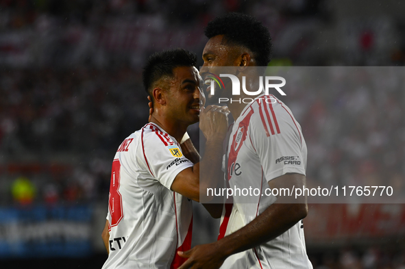 Miguel Borja and Pity Martinez of River Plate celebrate after scoring the team's second goal during a Liga Profesional 2024 match between Ri...