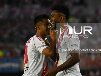 Miguel Borja and Pity Martinez of River Plate celebrate after scoring the team's second goal during a Liga Profesional 2024 match between Ri...