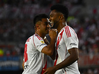 Miguel Borja and Pity Martinez of River Plate celebrate after scoring the team's second goal during a Liga Profesional 2024 match between Ri...