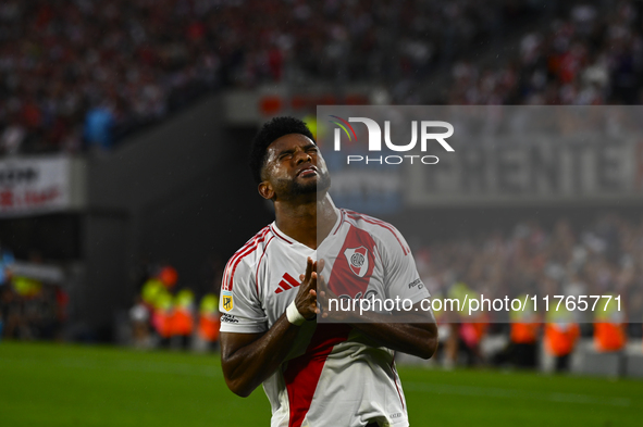 Miguel Borja of River Plate celebrates after scoring the team's second goal during a Liga Profesional 2024 match between River Plate and Bar...