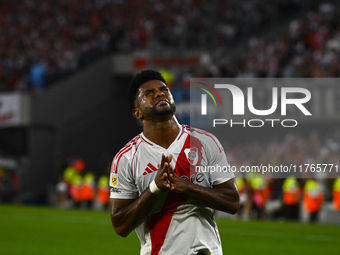 Miguel Borja of River Plate celebrates after scoring the team's second goal during a Liga Profesional 2024 match between River Plate and Bar...