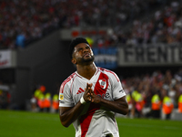 Miguel Borja of River Plate celebrates after scoring the team's second goal during a Liga Profesional 2024 match between River Plate and Bar...