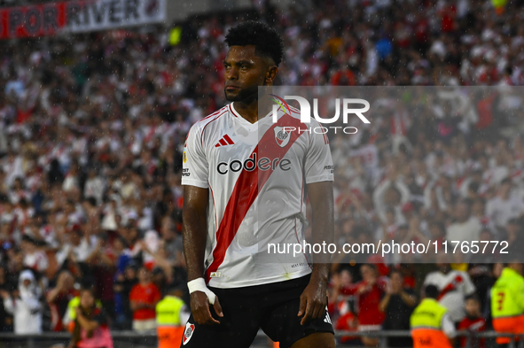 Miguel Borja of River Plate celebrates after scoring the team's second goal during a Liga Profesional 2024 match between River Plate and Bar...