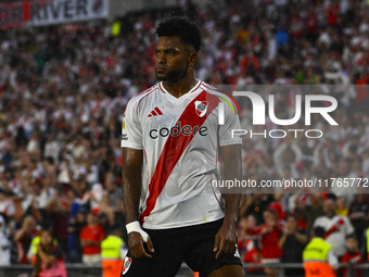 Miguel Borja of River Plate celebrates after scoring the team's second goal during a Liga Profesional 2024 match between River Plate and Bar...