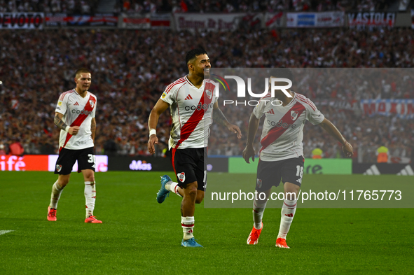 Paulo Diaz of River Plate celebrates after scoring the team's third goal during a Liga Profesional 2024 match between River Plate and Barrac...