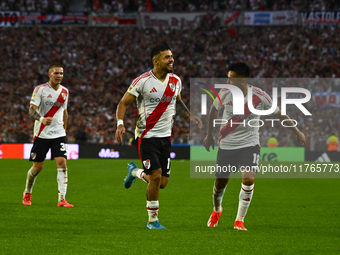 Paulo Diaz of River Plate celebrates after scoring the team's third goal during a Liga Profesional 2024 match between River Plate and Barrac...