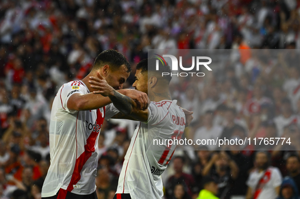 Paulo Diaz of River Plate celebrates after scoring the team's third goal during a Liga Profesional 2024 match between River Plate and Barrac...