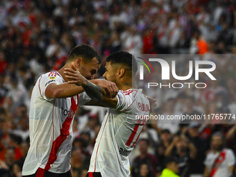 Paulo Diaz of River Plate celebrates after scoring the team's third goal during a Liga Profesional 2024 match between River Plate and Barrac...