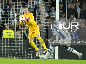 Inaki Pena goalkeeper of Barcelona and Spain makes a save during the LaLiga match between Real Sociedad and FC Barcelona at Reale Arena on N...