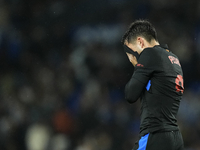 Pedri central midfield of Barcelona and Spain lament a failed occasion during the LaLiga match between Real Sociedad and FC Barcelona at Rea...