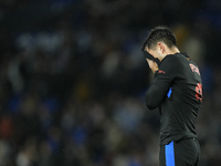 Pedri central midfield of Barcelona and Spain lament a failed occasion during the LaLiga match between Real Sociedad and FC Barcelona at Rea...