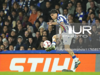 Aramburu of Real Sociedad and Spain controls the ball during the LaLiga match between Real Sociedad and FC Barcelona at Reale Arena on Novem...