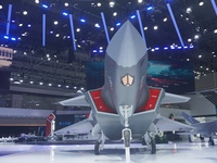 A model of the J-20S two-seat stealth fighter jet is pictured at the Zhuhai Air Show Center in Zhuhai, China, on November 10, 2024. (