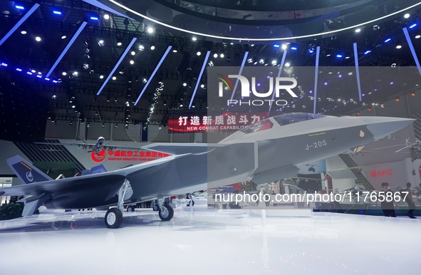 A model of the J-20S two-seat stealth fighter jet is pictured at the Zhuhai Air Show Center in Zhuhai, China, on November 10, 2024. 