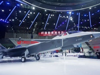 A model of the J-20S two-seat stealth fighter jet is pictured at the Zhuhai Air Show Center in Zhuhai, China, on November 10, 2024. (