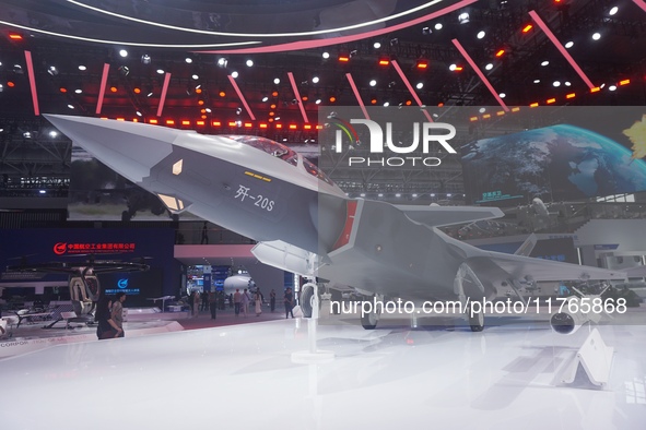 A model of the J-20S two-seat stealth fighter jet is pictured at the Zhuhai Air Show Center in Zhuhai, China, on November 10, 2024. 