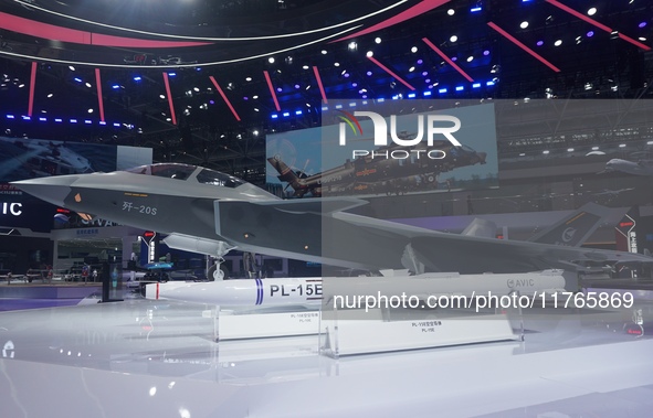 A model of the J-20S two-seat stealth fighter jet is pictured at the Zhuhai Air Show Center in Zhuhai, China, on November 10, 2024. 