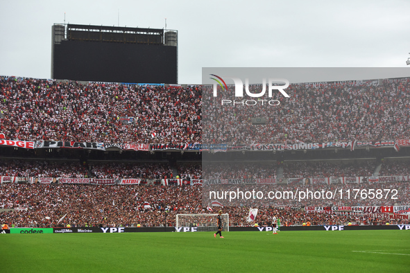 Fans of River Plate attend the match between River Plate and Barracas Central at Estadio Mas Monumental, on November 9. 