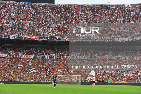 Fans of River Plate attend the match between River Plate and Barracas Central at Estadio Mas Monumental, on November 9. 