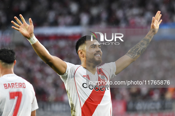 Paulo Diaz of River Plate celebrates his goal during the match between River Plate and Barracas Central at Estadio Mas Monumental, on Novemb...