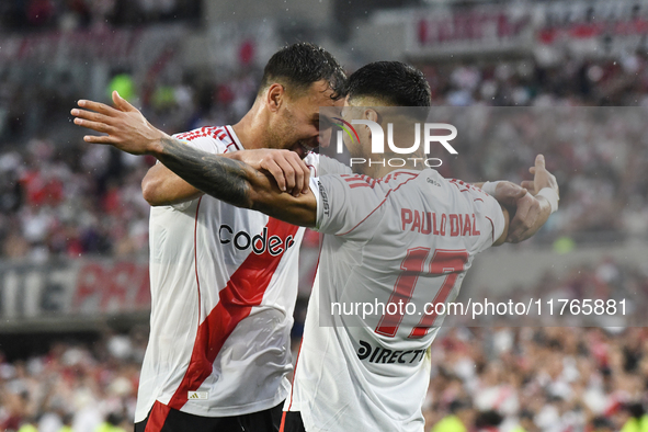 Leandro Gonzalez Pirez and Paulo Diaz of River Plate celebrate their team's goal during the match between River Plate and Barracas Central a...