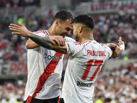 Leandro Gonzalez Pirez and Paulo Diaz of River Plate celebrate their team's goal during the match between River Plate and Barracas Central a...