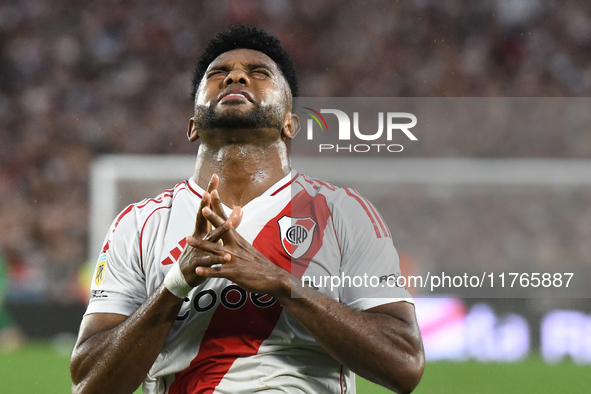 Miguel Borja of River Plate celebrates his goal during the match between River Plate and Barracas Central at Estadio Mas Monumental in Bueno...