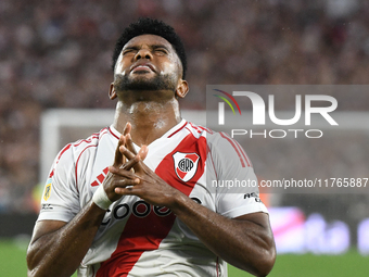 Miguel Borja of River Plate celebrates his goal during the match between River Plate and Barracas Central at Estadio Mas Monumental in Bueno...