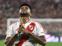 Miguel Borja of River Plate celebrates his goal during the match between River Plate and Barracas Central at Estadio Mas Monumental in Bueno...