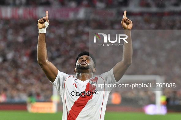 Miguel Borja of River Plate celebrates his goal during the match between River Plate and Barracas Central at Estadio Mas Monumental in Bueno...