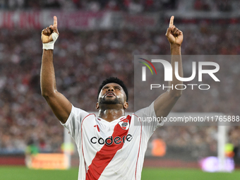 Miguel Borja of River Plate celebrates his goal during the match between River Plate and Barracas Central at Estadio Mas Monumental in Bueno...