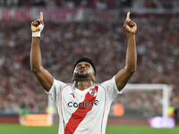 Miguel Borja of River Plate celebrates his goal during the match between River Plate and Barracas Central at Estadio Mas Monumental in Bueno...