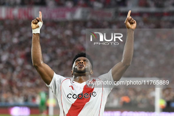 Miguel Borja of River Plate celebrates his goal during the match between River Plate and Barracas Central at Estadio Mas Monumental in Bueno...