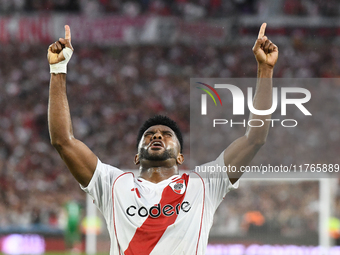 Miguel Borja of River Plate celebrates his goal during the match between River Plate and Barracas Central at Estadio Mas Monumental in Bueno...