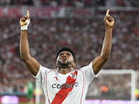 Miguel Borja of River Plate celebrates his goal during the match between River Plate and Barracas Central at Estadio Mas Monumental in Bueno...