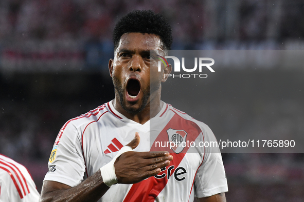 Miguel Borja of River Plate celebrates his goal during the match between River Plate and Barracas Central at Estadio Mas Monumental in Bueno...