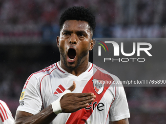 Miguel Borja of River Plate celebrates his goal during the match between River Plate and Barracas Central at Estadio Mas Monumental in Bueno...