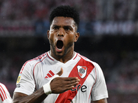 Miguel Borja of River Plate celebrates his goal during the match between River Plate and Barracas Central at Estadio Mas Monumental in Bueno...